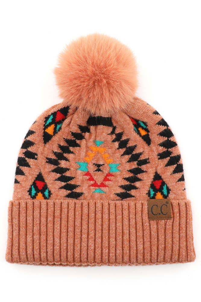 C.C Soft Aztec Pattern Beanie with Faux Fur Pom: Black