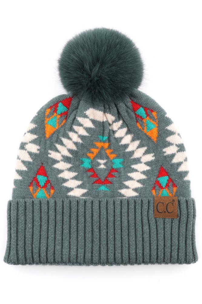 C.C Soft Aztec Pattern Beanie with Faux Fur Pom: Black