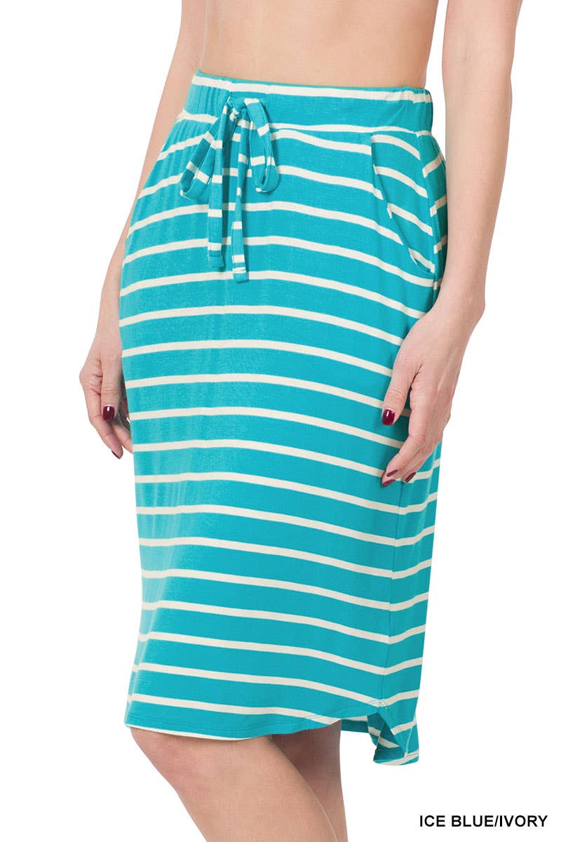 ,...SI-16793 Stripe Self Tie Tulip Hem Skirt: S / NAVY/IVORY-94798