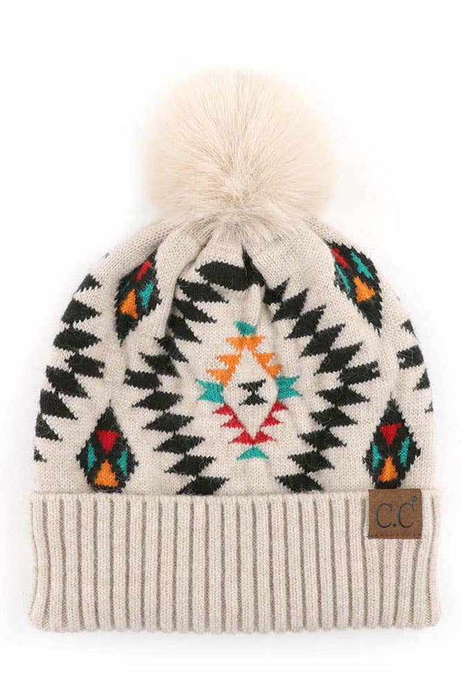 C.C Soft Aztec Pattern Beanie with Faux Fur Pom: Black