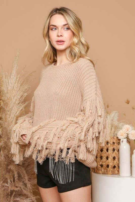 Fringed Sleeves Knit Sweater - S / Taupe