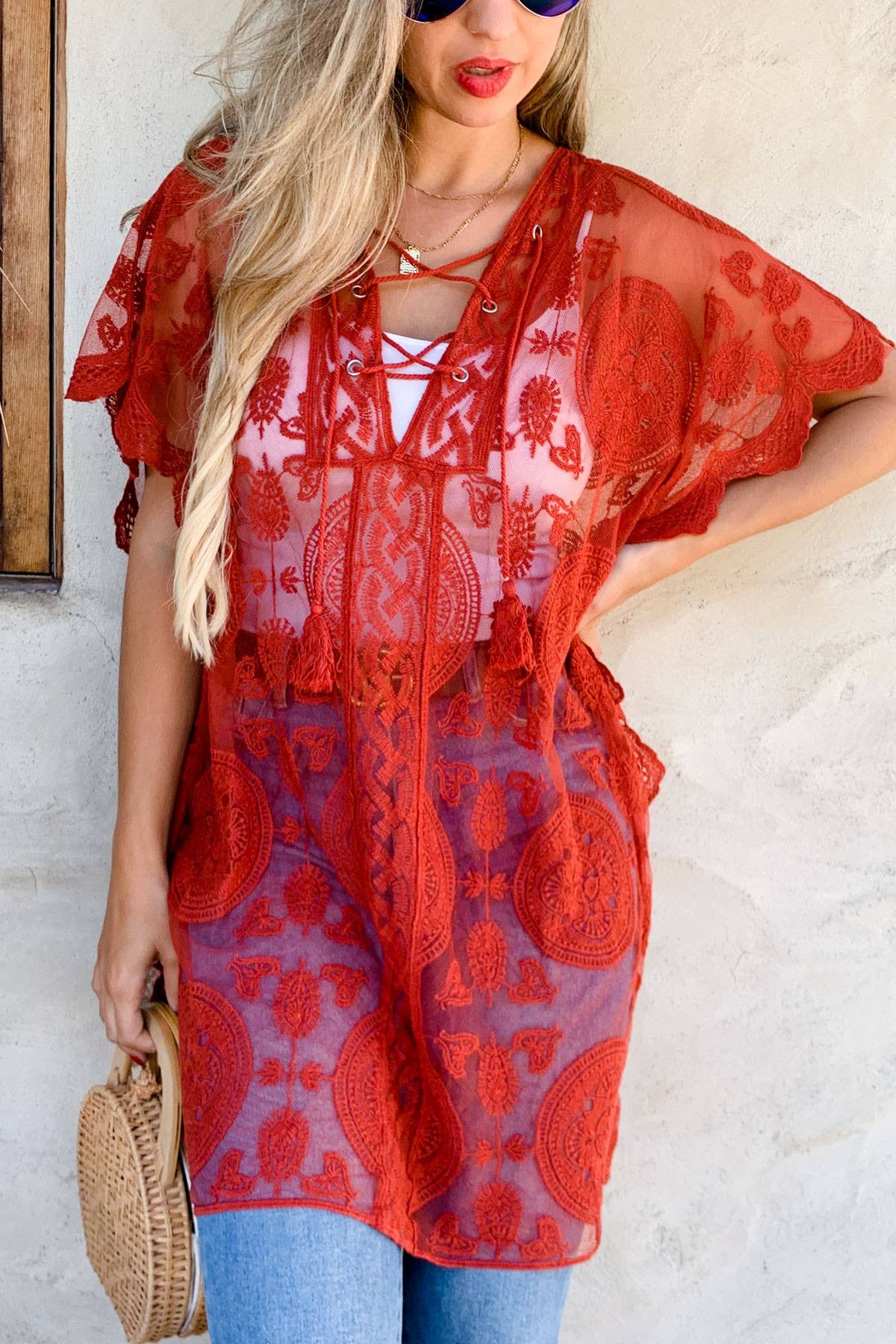 Floral Sheer Lace Poncho With Lace Up Detail Kimono Cover Up: Rust / One Size