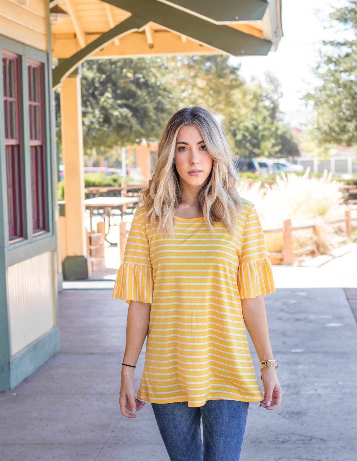 Payton Stripe Flare Sleeve Top | S-3X: Small / Burgundy