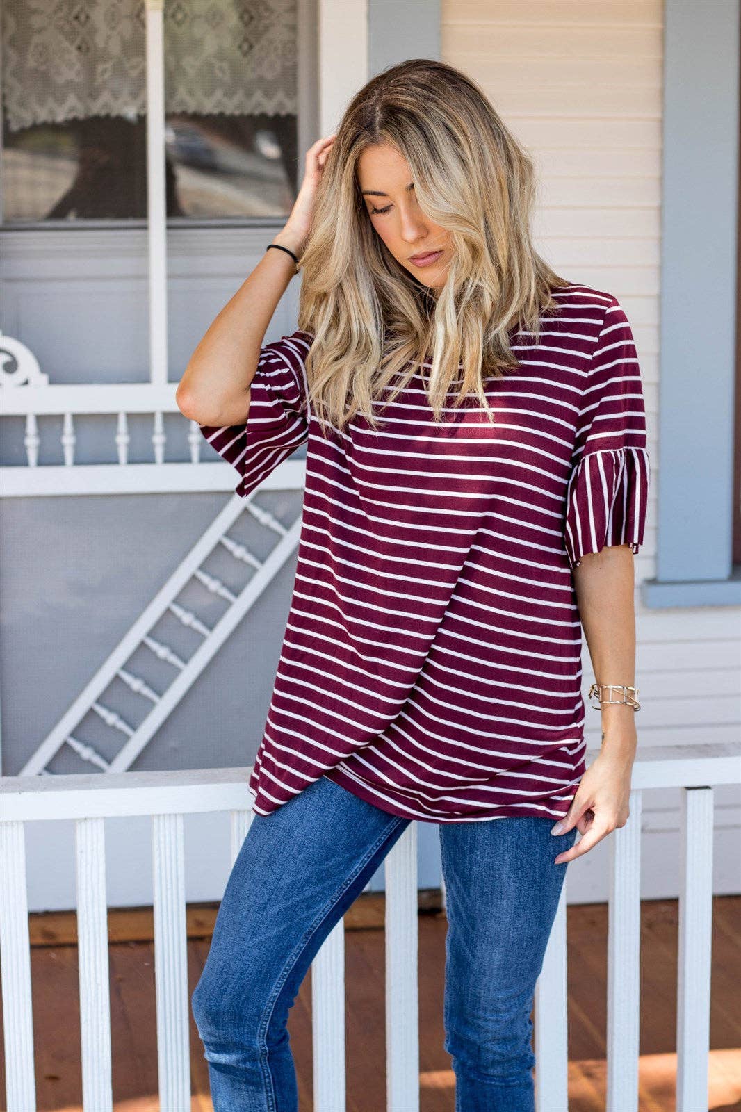 Payton Stripe Flare Sleeve Top | S-3X: Small / Burgundy