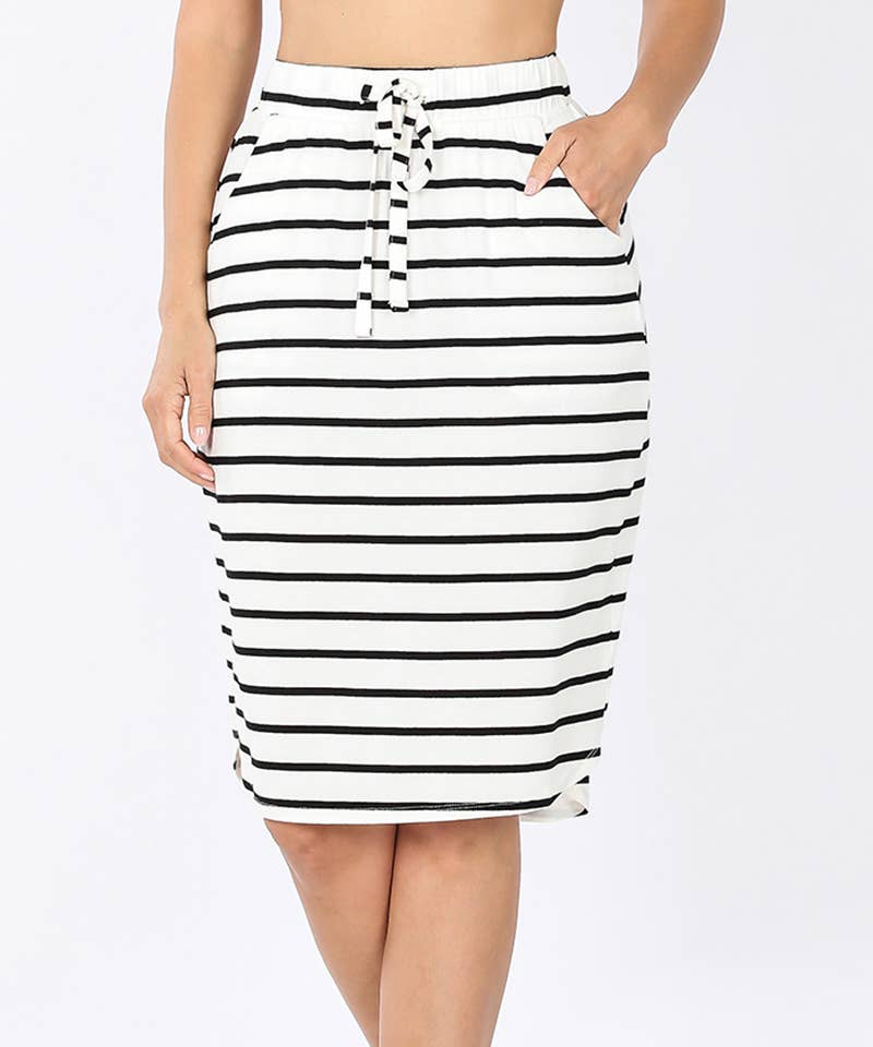 ,...SI-16793 Stripe Self Tie Tulip Hem Skirt: S / NAVY/IVORY-94798