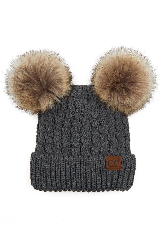 C.C Double Pom Pom All Over Cable Knit Beanie: Red
