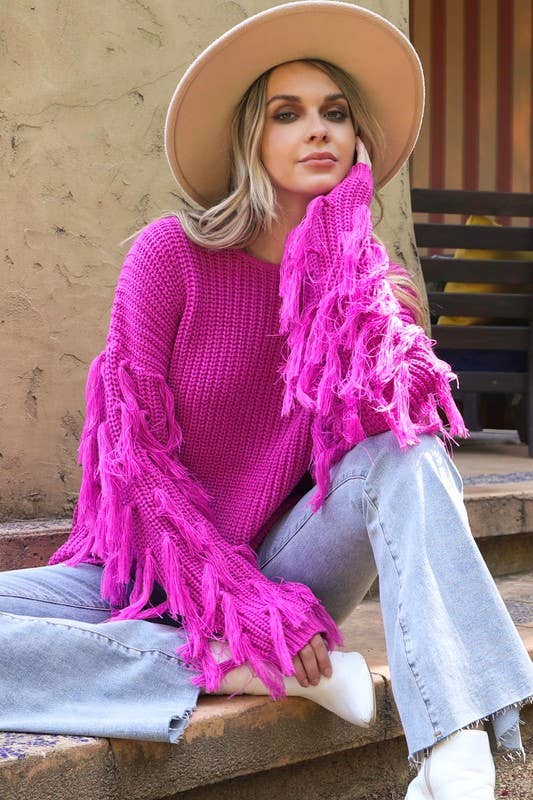 Fringed Sleeves Knit Sweater - S / Taupe
