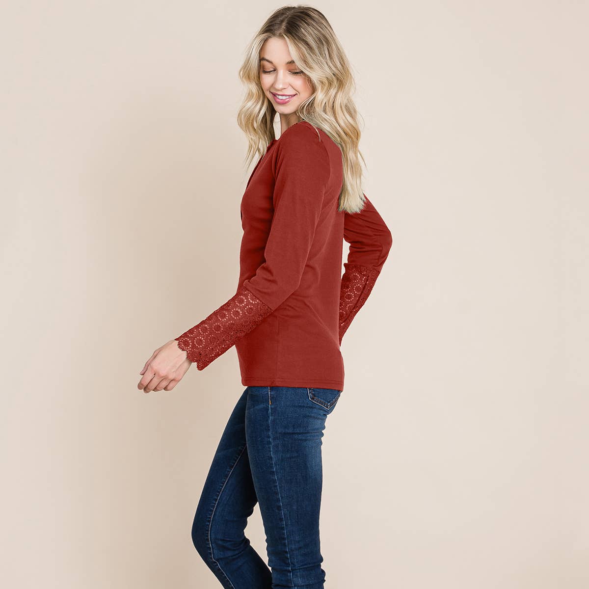 Scalloped Henley Neck Button Placket Lace Crochet Sleeve top: Rust