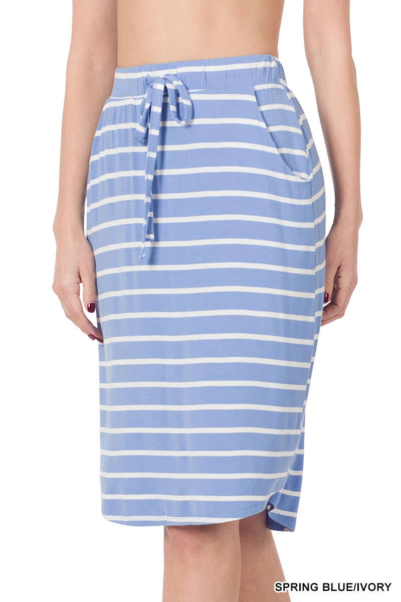 ,...SI-16793 Stripe Self Tie Tulip Hem Skirt: L / NAVY/IVORY-94798