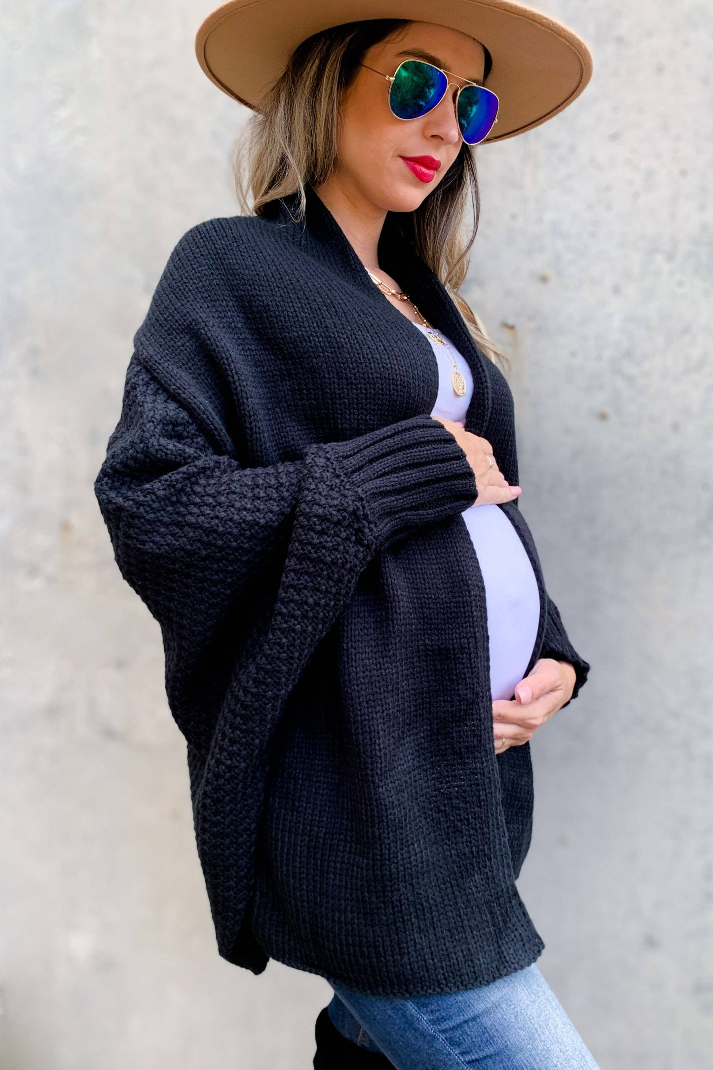 Black Textured Knit Dolman Sleeve Cardigan: Free / Black