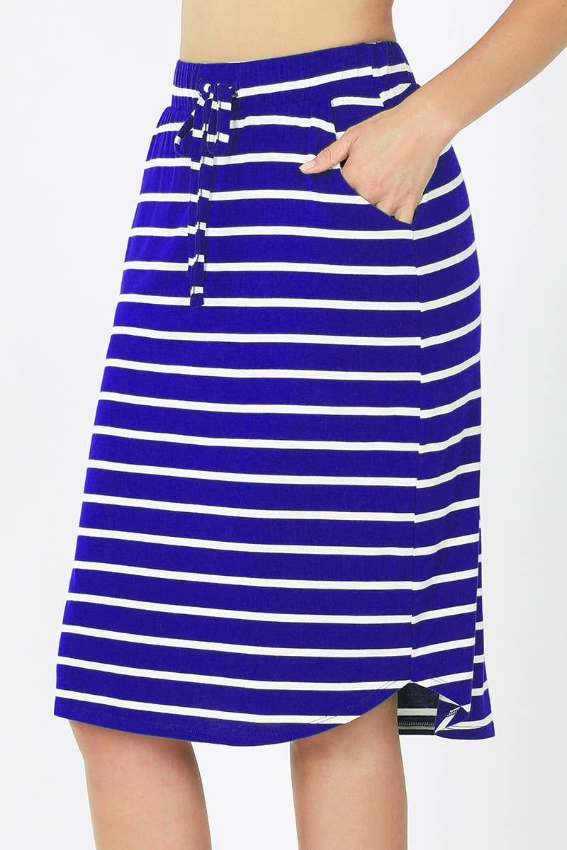 ,...SI-16793 Stripe Self Tie Tulip Hem Skirt: XL / NAVY/IVORY-94798