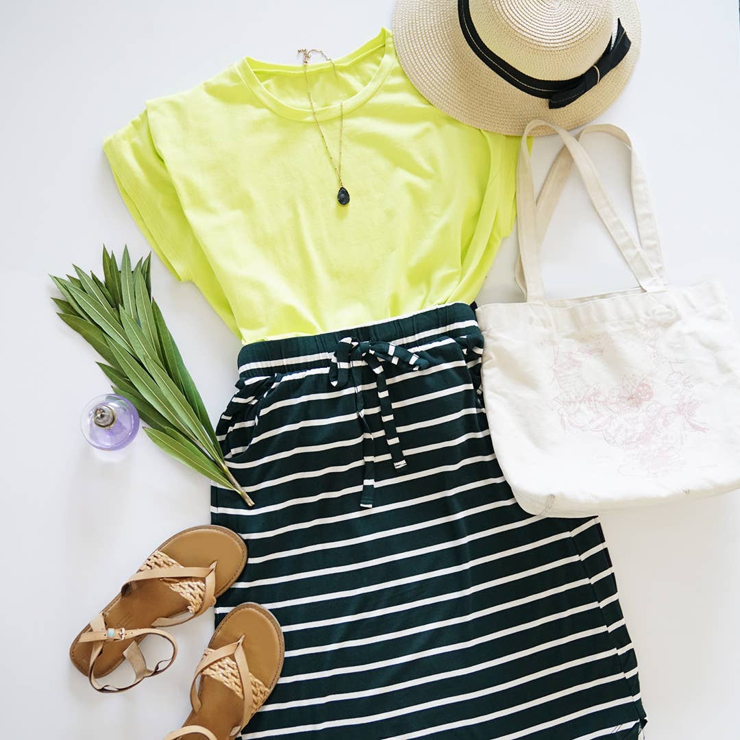 ,...SI-16793 Stripe Self Tie Tulip Hem Skirt: XL / NAVY/IVORY-94798
