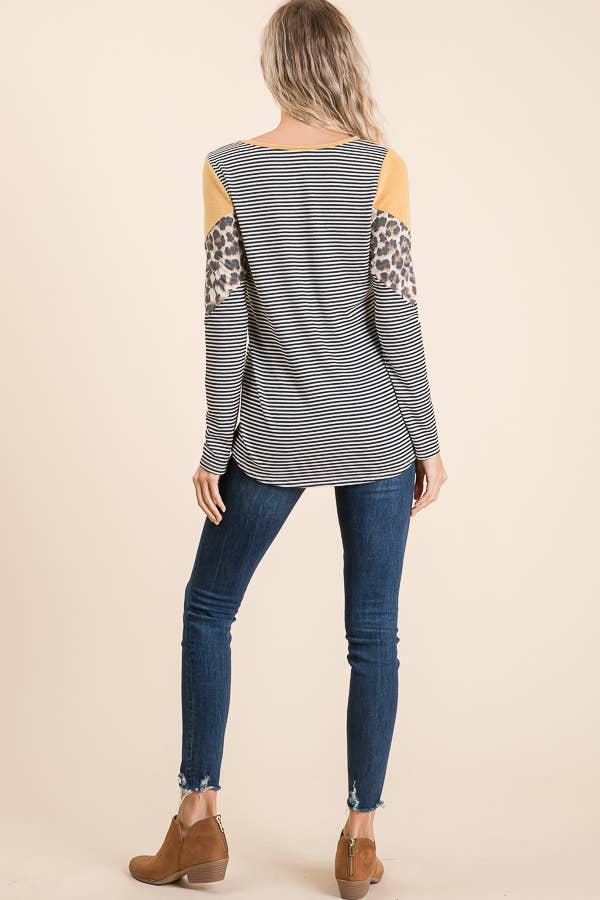 Crew Neck Colorblock Knit Top: MUSTARD / L