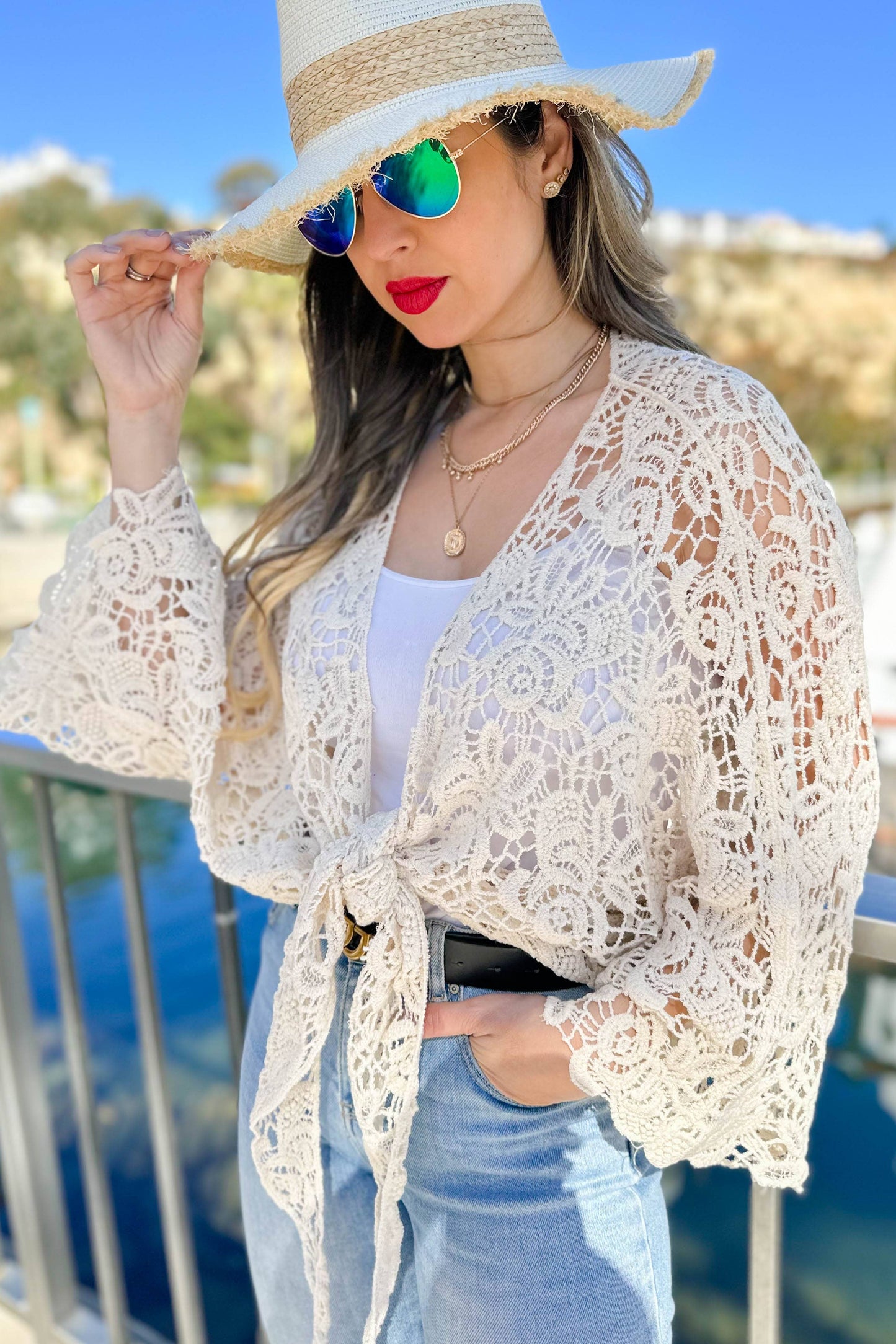 Ivory Floral Crochet Bell Sleeve Open Front Cardigan CoverUp: Free / Ivory