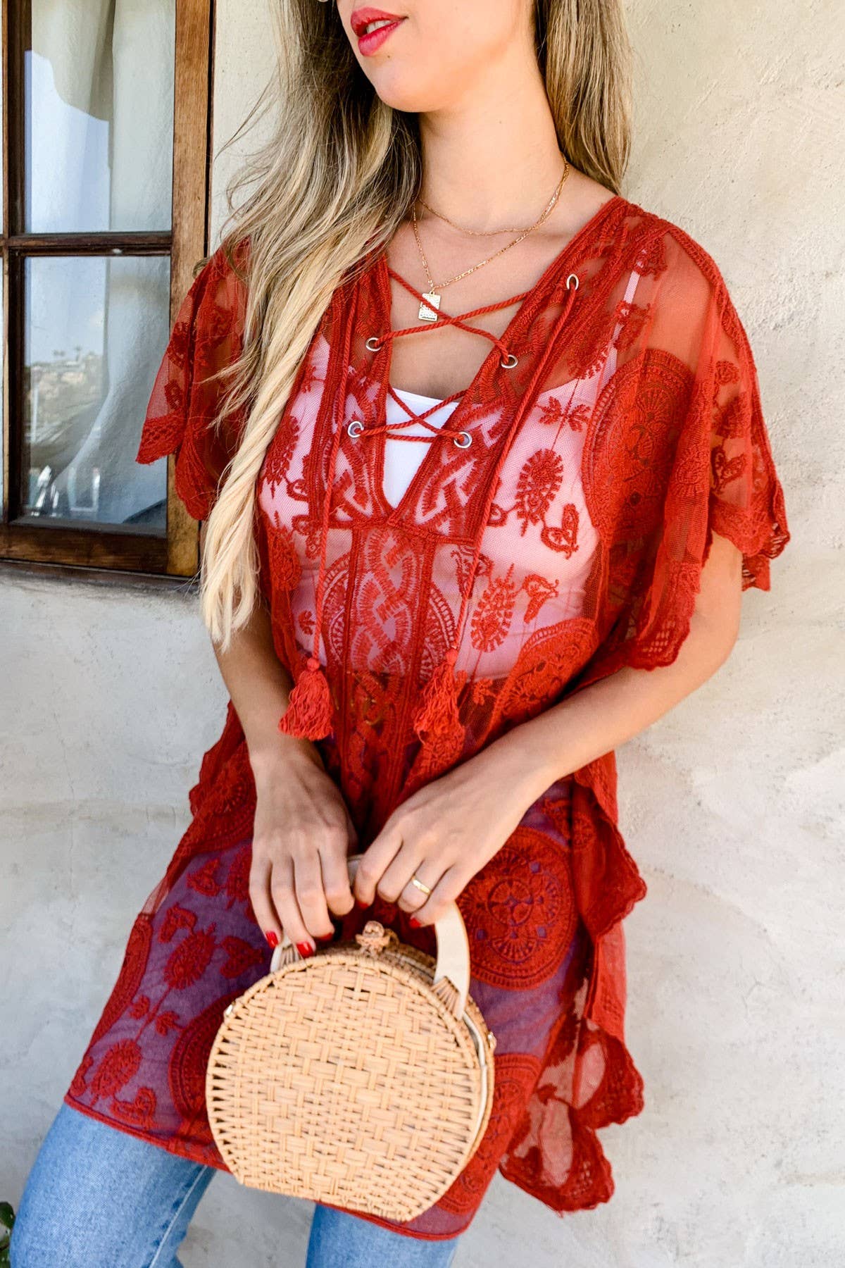 Floral Sheer Lace Poncho With Lace Up Detail Kimono Cover Up: Rust / One Size