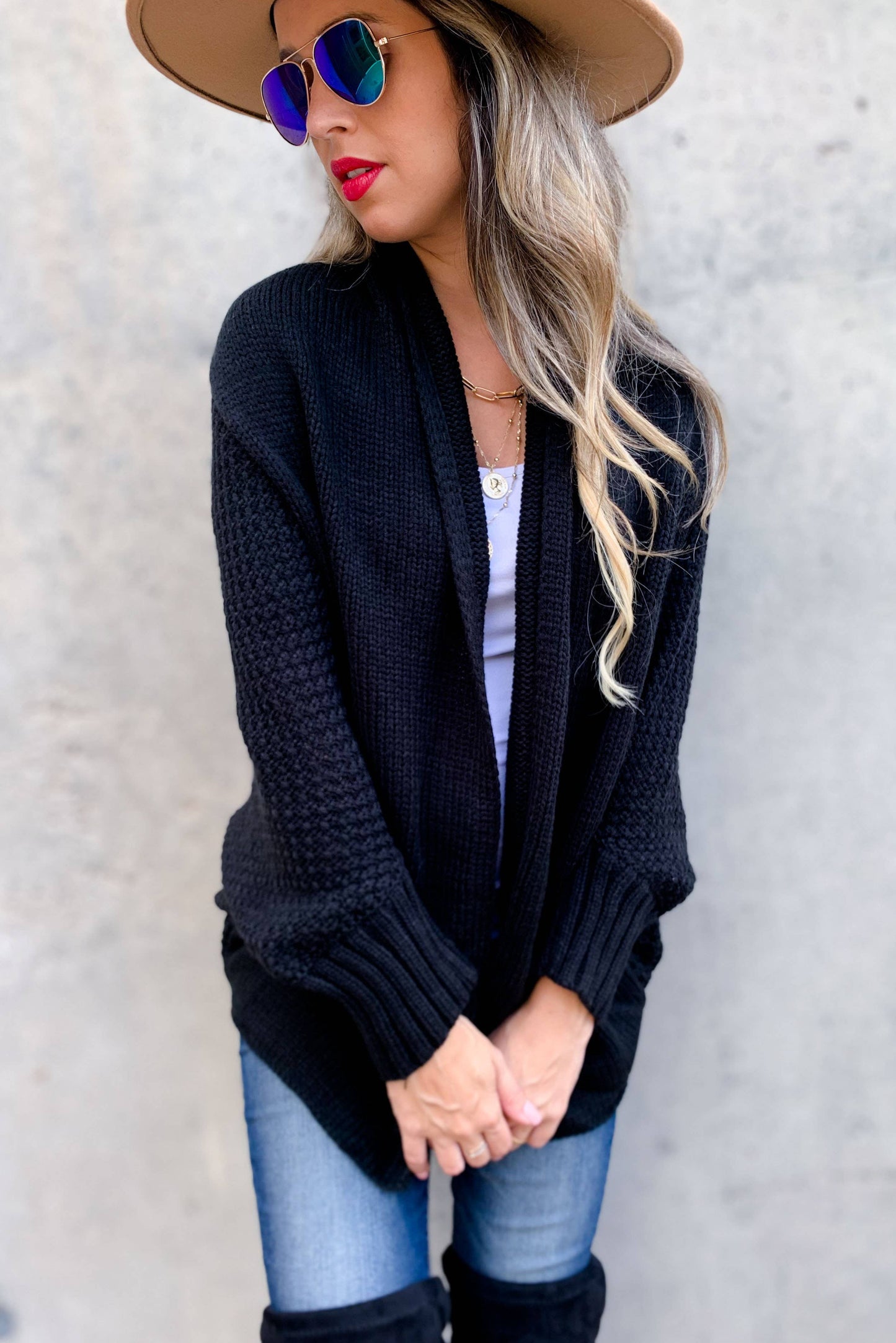 Black Textured Knit Dolman Sleeve Cardigan: Free / Black