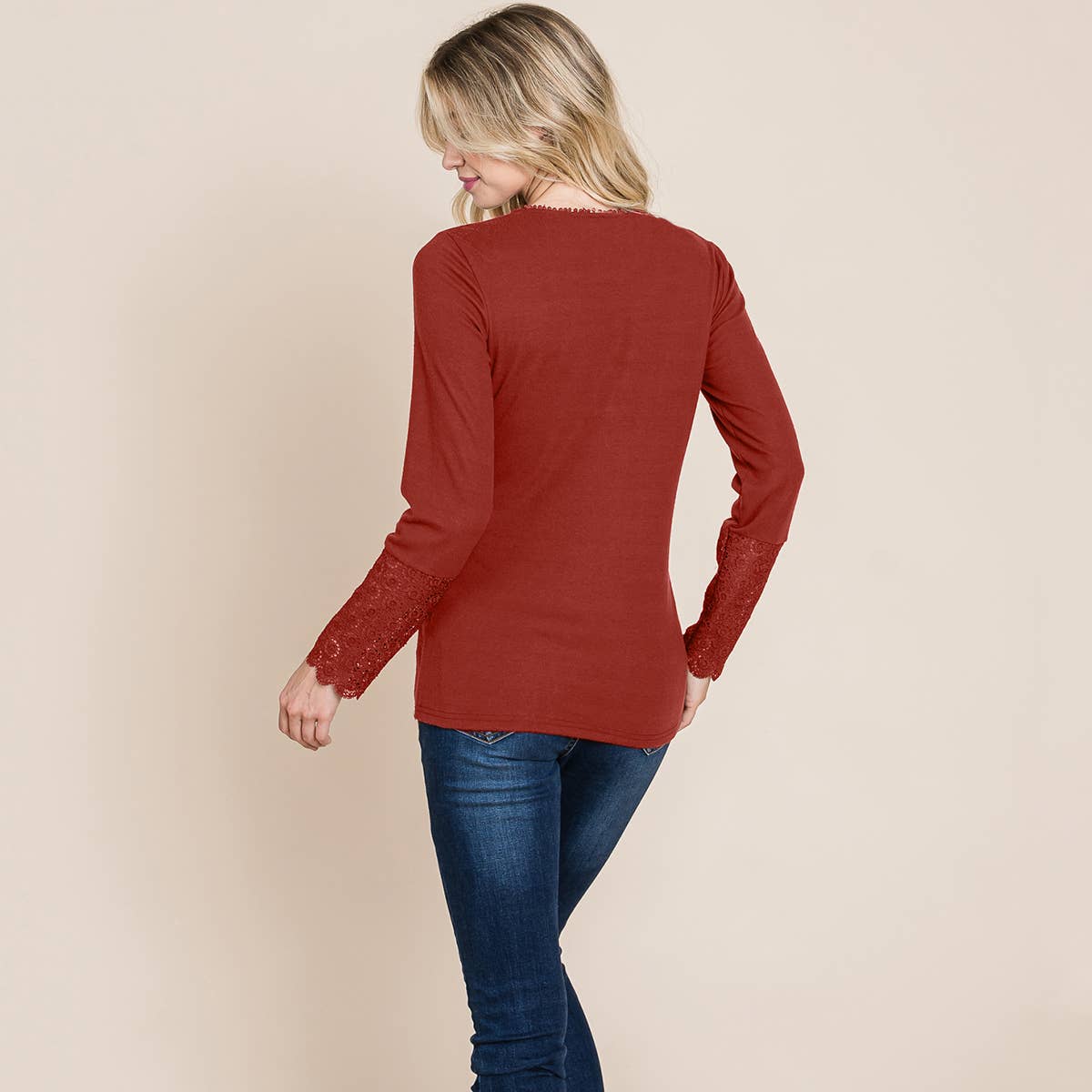 Scalloped Henley Neck Button Placket Lace Crochet Sleeve top: Rust