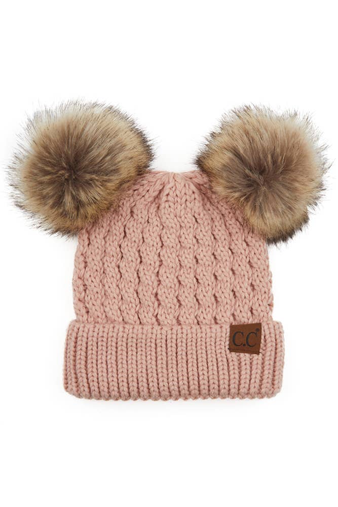 C.C Double Pom Pom All Over Cable Knit Beanie: Red