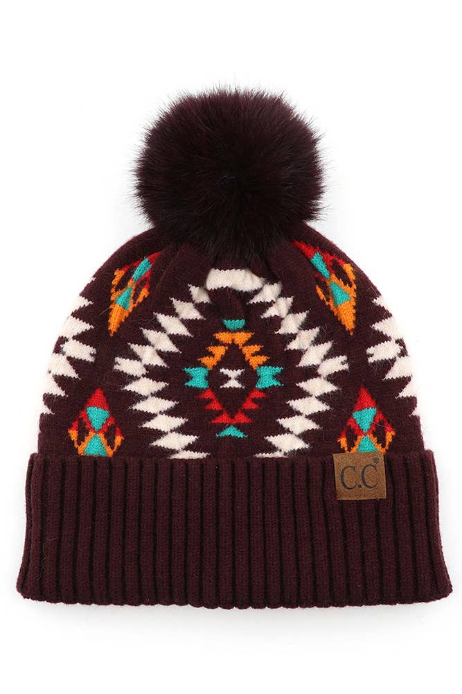 C.C Soft Aztec Pattern Beanie with Faux Fur Pom: Black