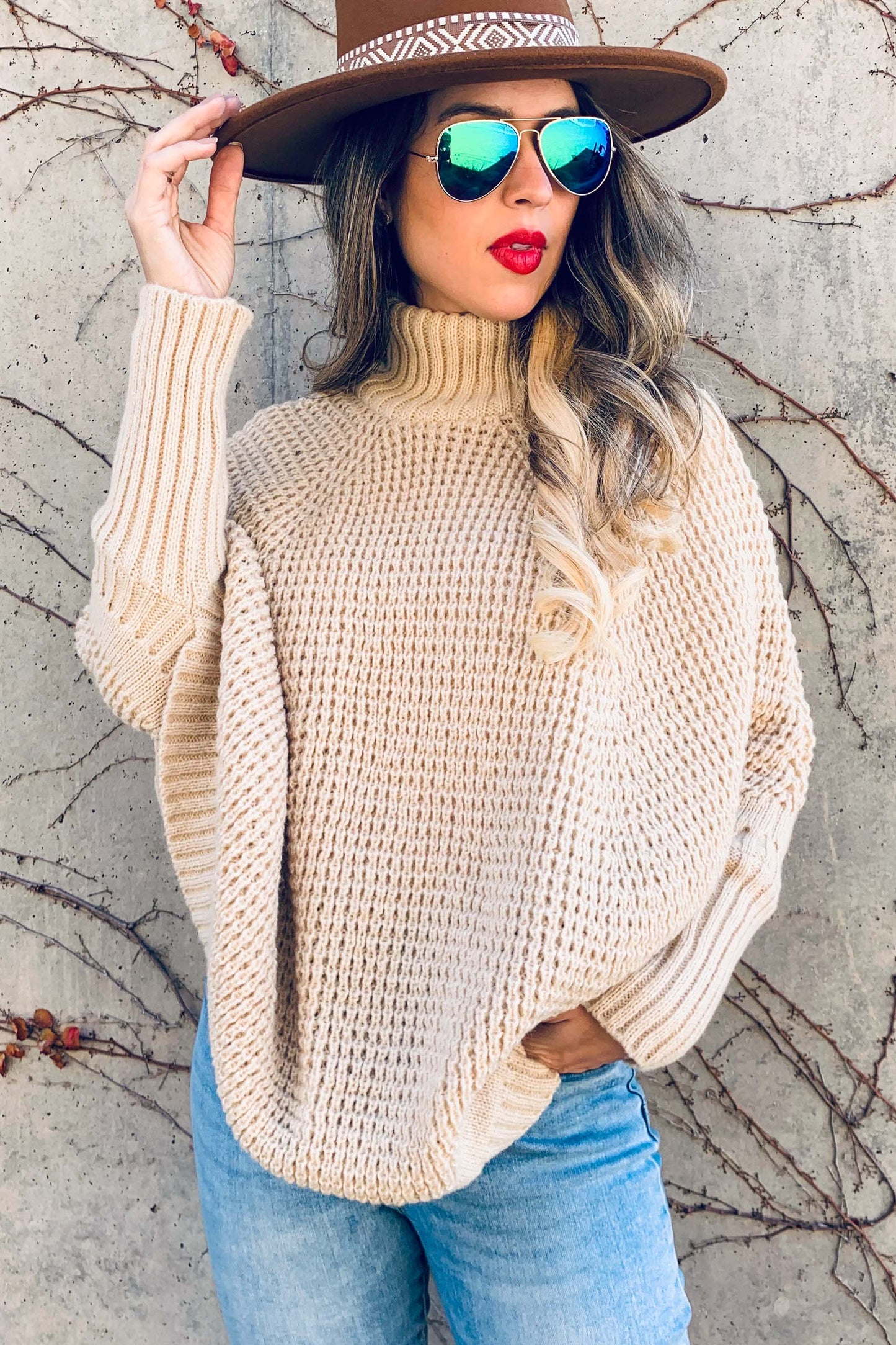 Oatmeal Dolman Sleeve Turtleneck Knitted Poncho Top