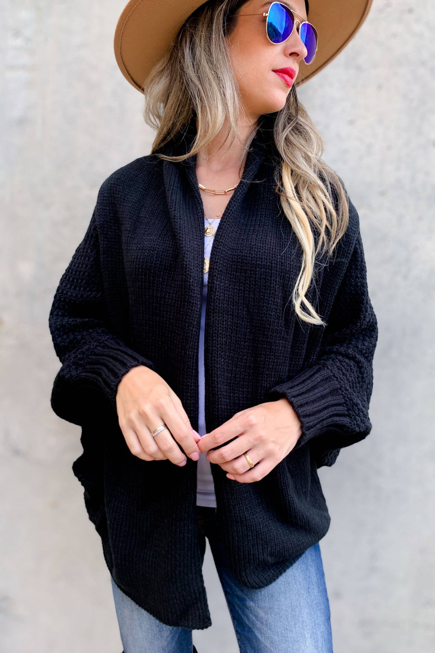 Black Textured Knit Dolman Sleeve Cardigan: Free / Black