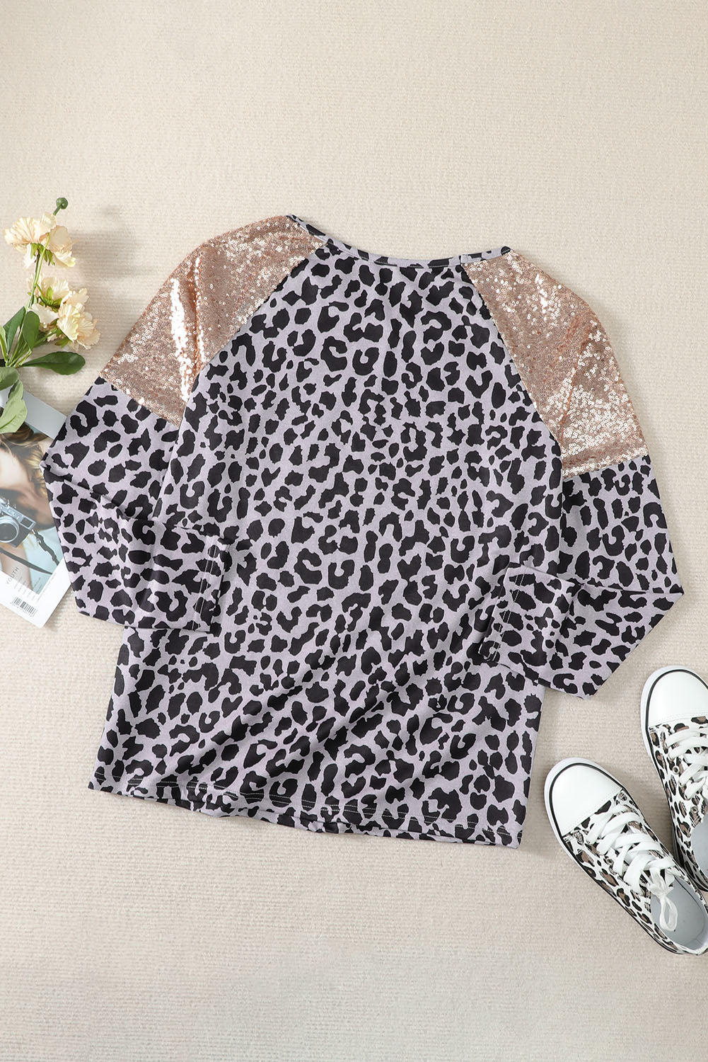 Sequin Shoulder Splicing Leopard Long Sleeve Top