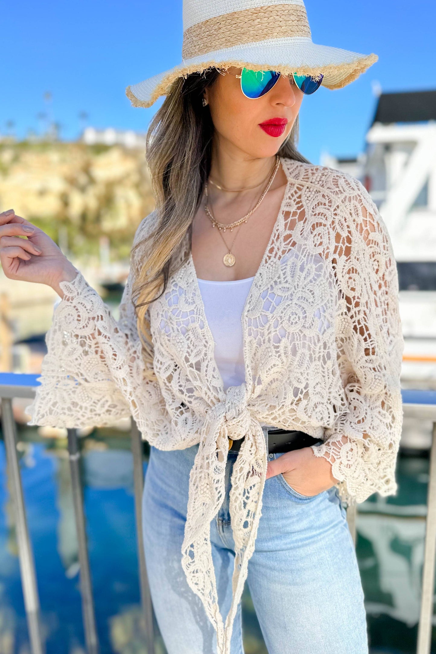 Ivory Floral Crochet Bell Sleeve Open Front Cardigan CoverUp: Free / Ivory