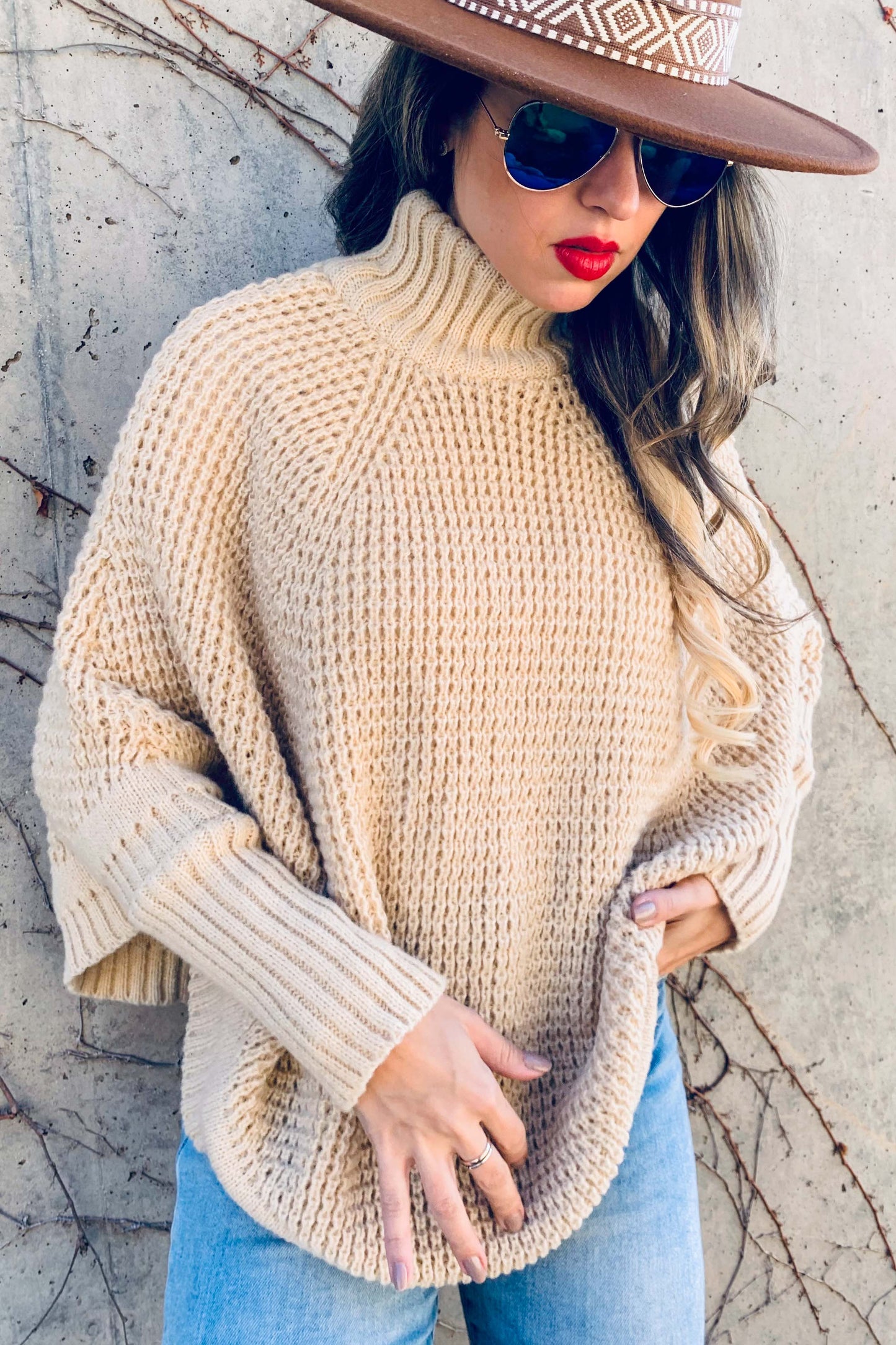 Oatmeal Dolman Sleeve Turtleneck Knitted Poncho Top