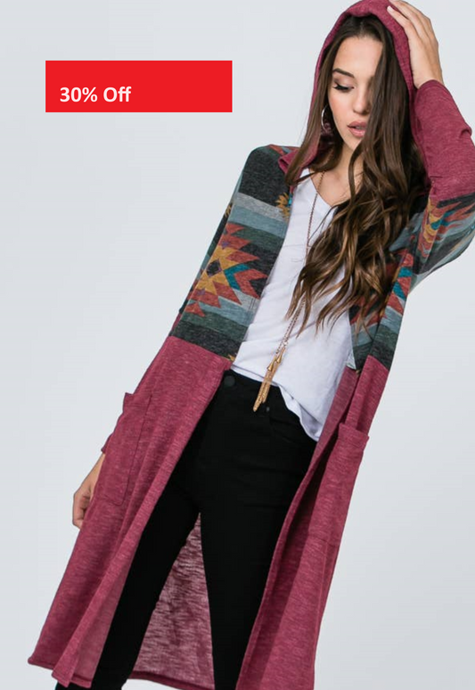 Hooded Aztec Print Maxi Cardigan