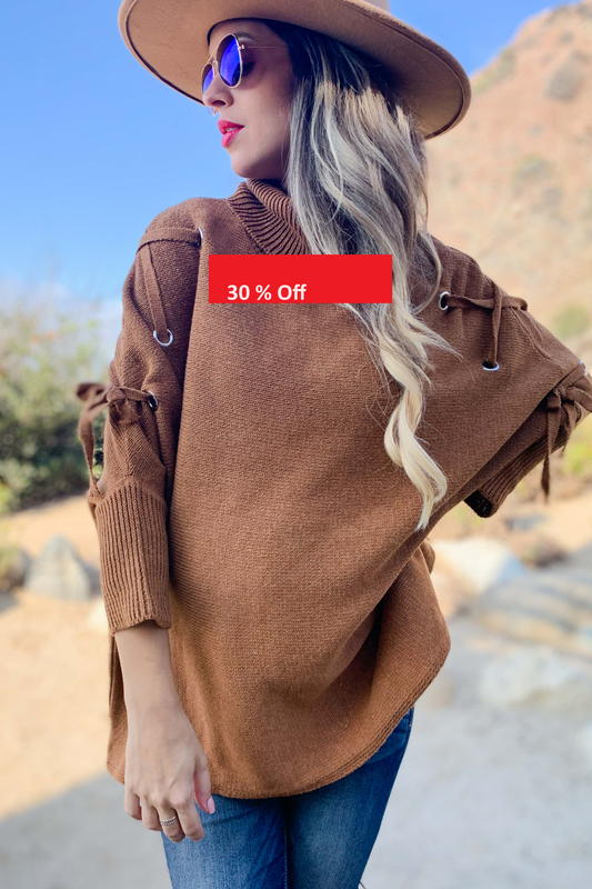 Cognac Lace Up Turtleneck Dolman Sleeve Knitted Top: Free / Cognac