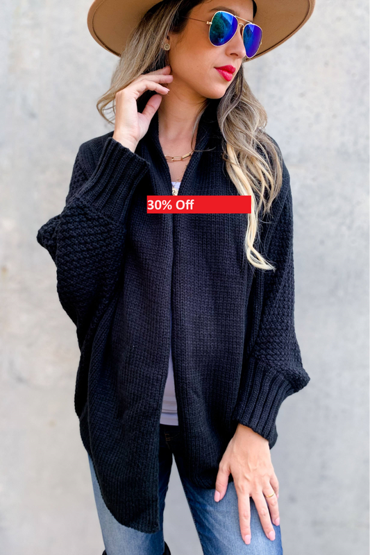 Black Textured Knit Dolman Sleeve Cardigan: Free / Black