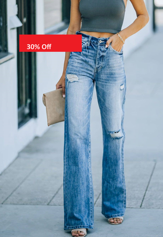 Holes Show Skinny Wide-Leg Denim Trousers