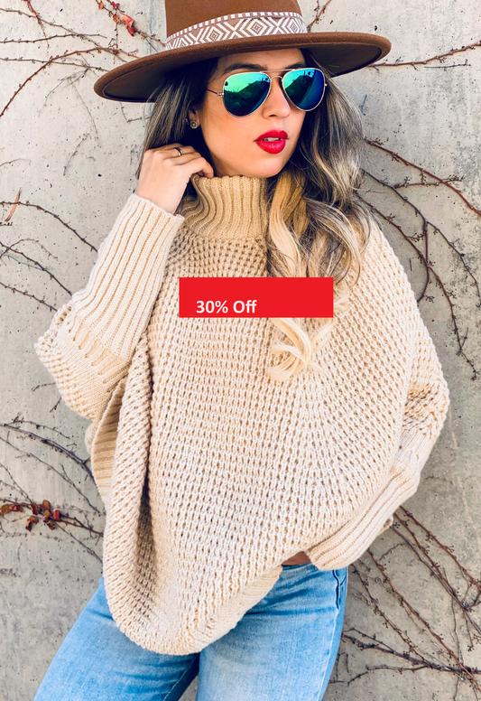 Oatmeal Dolman Sleeve Turtleneck Knitted Poncho Top