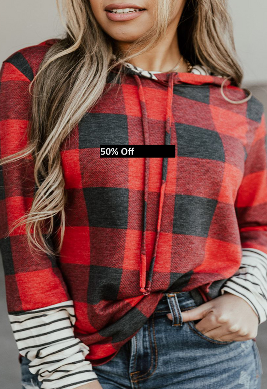 Red Christmas Plaid Striped Patchwork Drawstring Hoodie