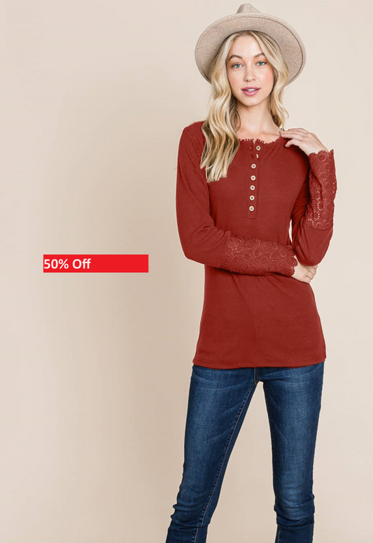 Scalloped Henley Neck Button Placket Lace Crochet Sleeve top: Rust