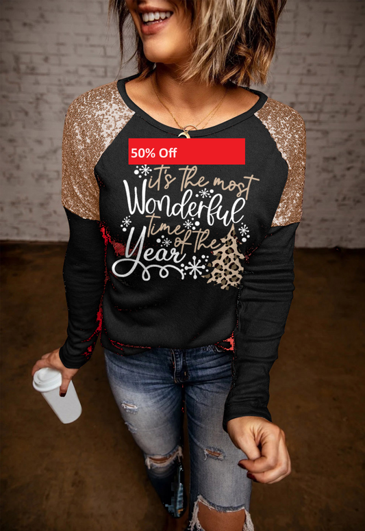 Black Wonderful Christmas Season Graphic Sequin Shoulder Top