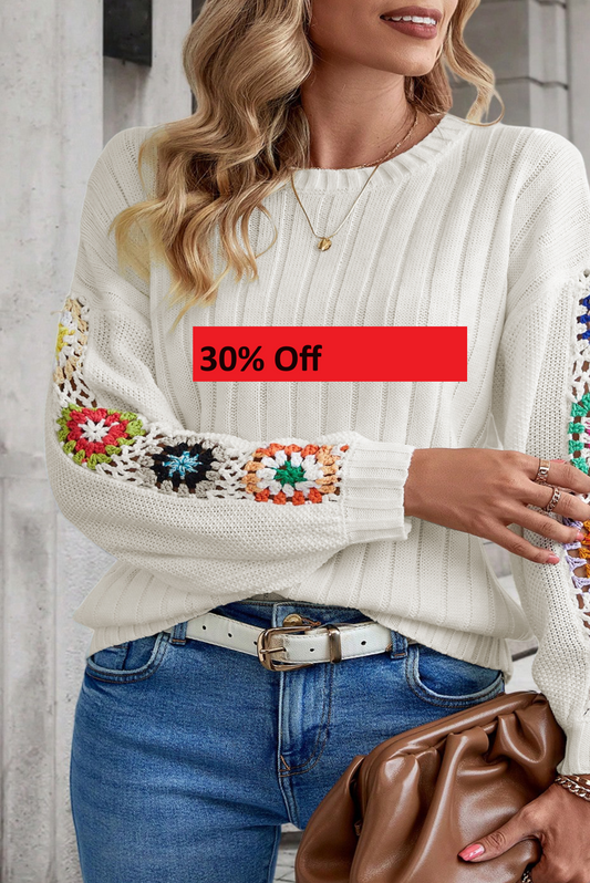 White Floral Crochet Sleeve Ribbed Knit Sweater