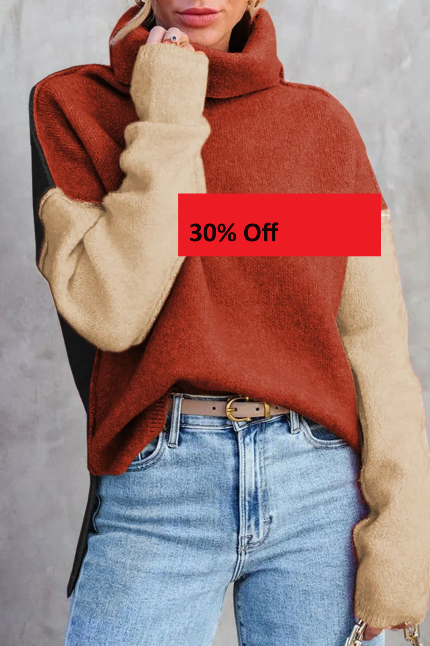 Clay Red Color Block Turtle Neck Drop Shoulder Knit Sweater