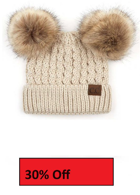 C.C Double Pom Pom All Over Cable Knit Beanie: Beige