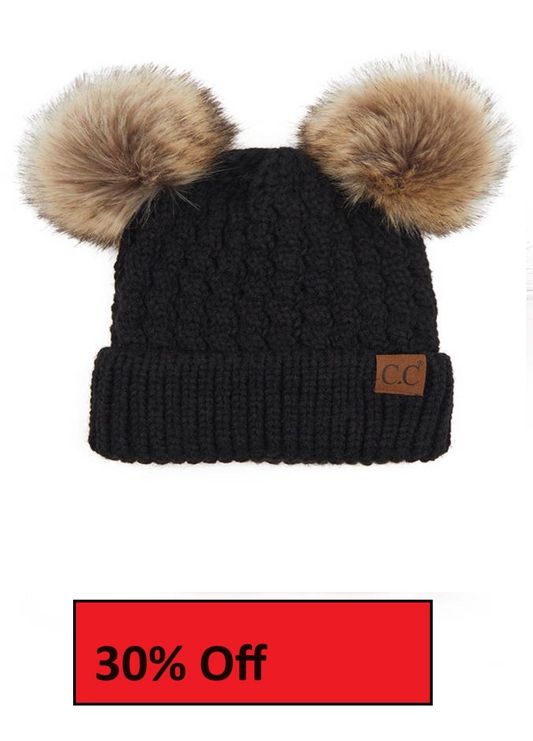 C.C Double Pom Pom All Over Cable Knit Beanie: Black