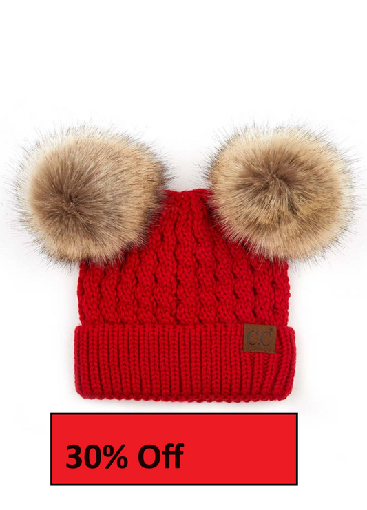 C.C Double Pom Pom All Over Cable Knit Beanie: Red