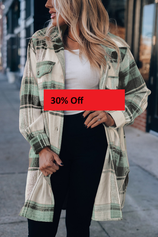 Mint Green Plaid Print Flap Pockets Long Shacket