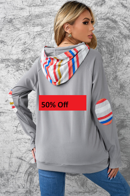 Rainbow Color Stripe Print Elbow Patch Hoodie