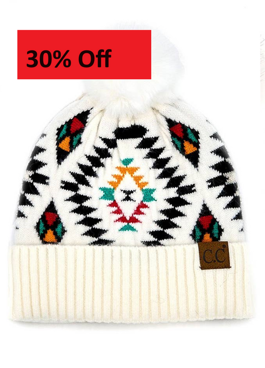 C.C Soft Aztec Pattern Beanie with Faux Fur Pom
