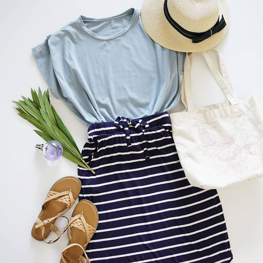 ,...SI-16793 Stripe Self Tie Tulip Hem Skirt: S / NAVY/IVORY-94798