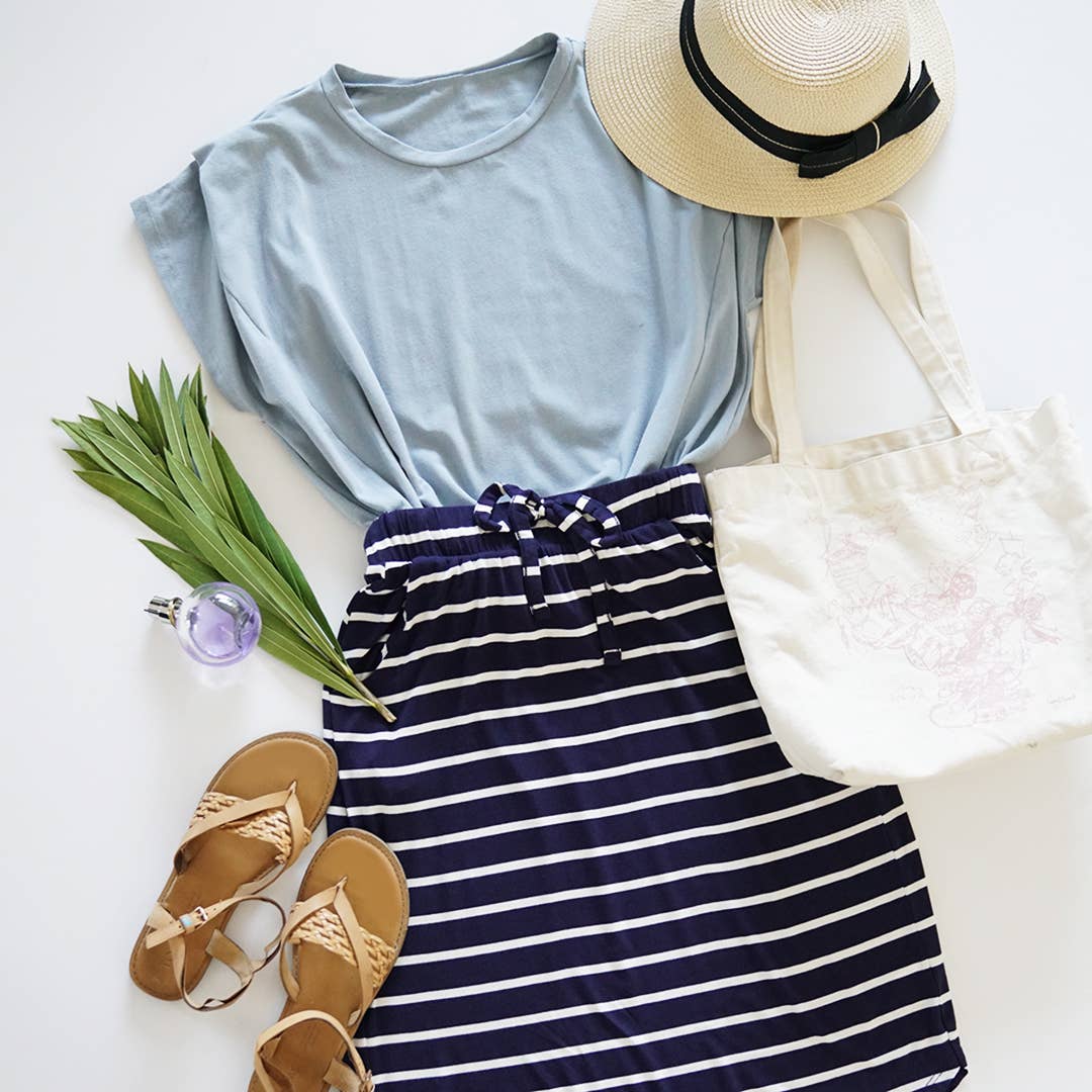 ,...SI-16793 Stripe Self Tie Tulip Hem Skirt: XL / NAVY/IVORY-94798