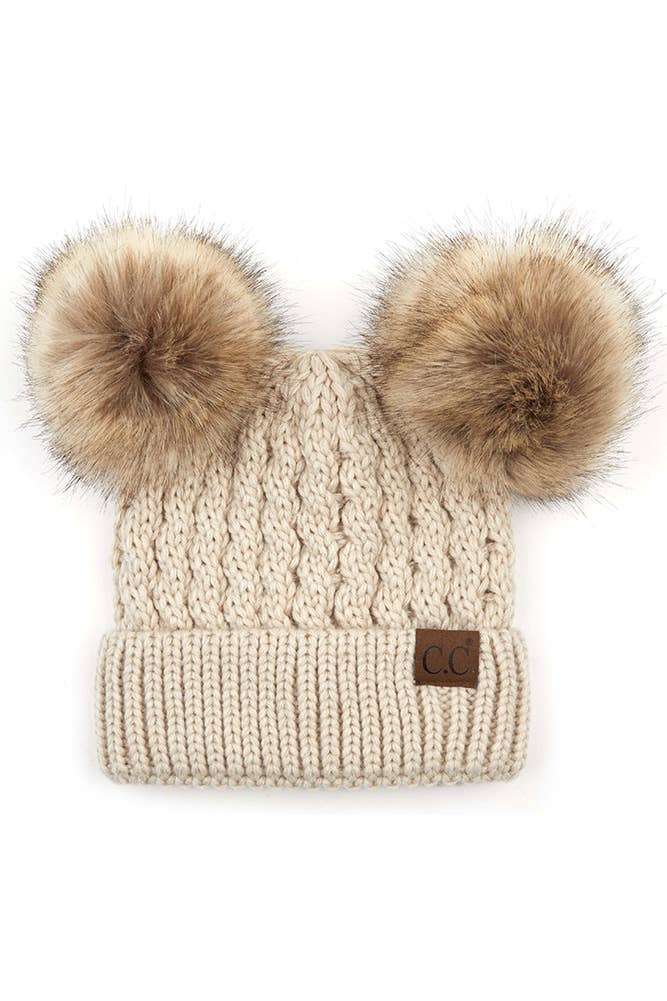 C.C Double Pom Pom All Over Cable Knit Beanie: Beige
