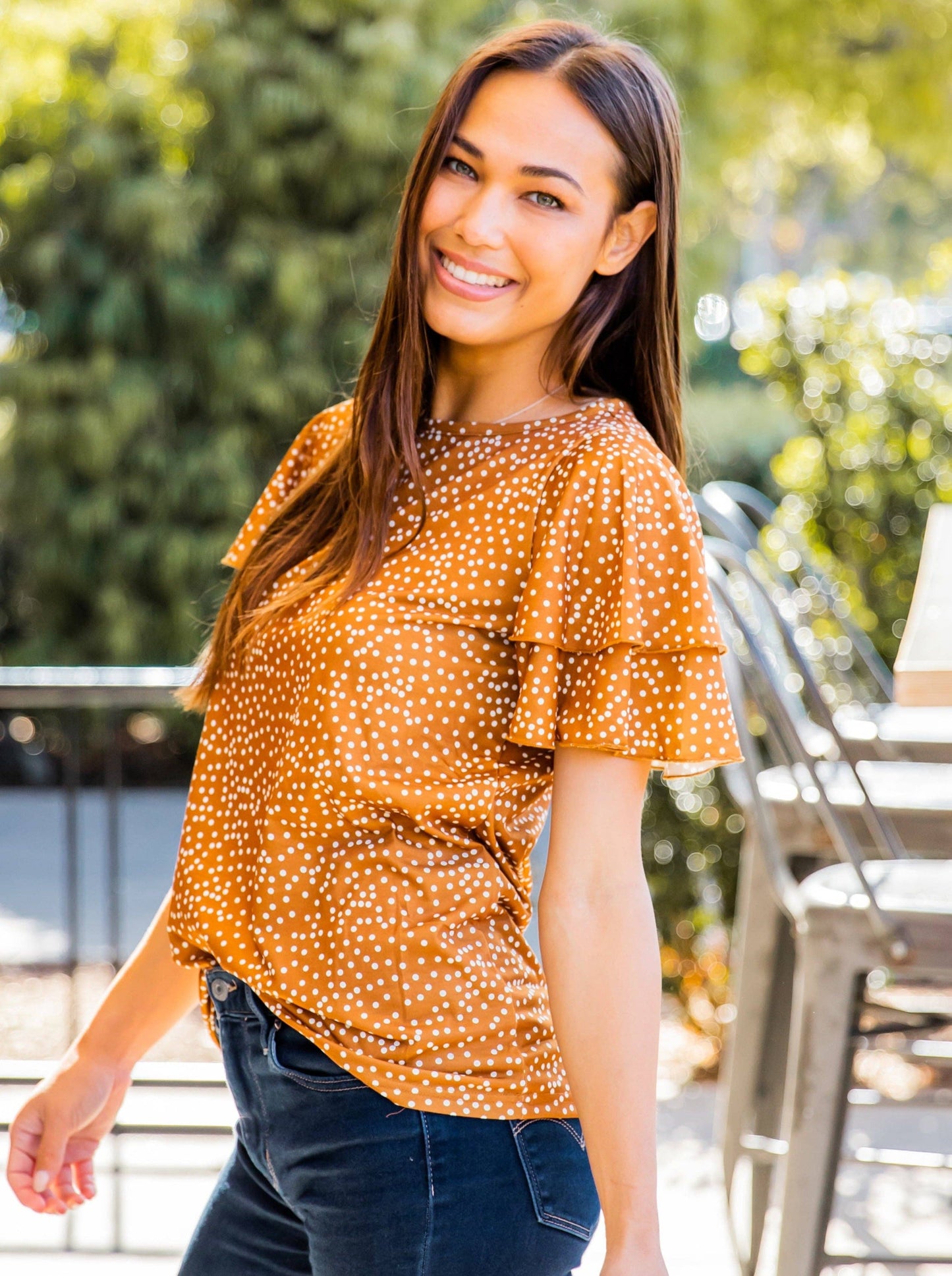 May Ruffle Sleeve Top: Medium / Dot Gold
