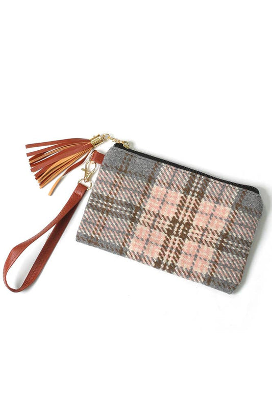 Plaid Check Pattern Pouch Bag with Wristlet
