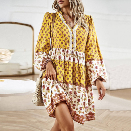 Boho Puff Sleeve Button Up Medallion Mini Shift Dress